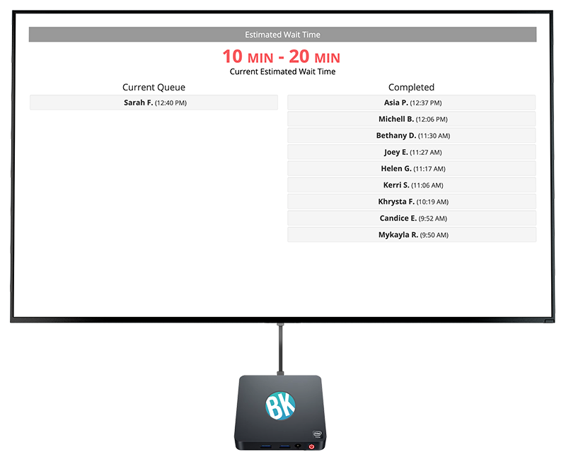 Digital signage display showing queue and promotions